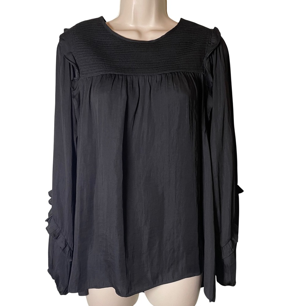 Dolan Left Coast Collection Black Smocked Ruffle Long Sleeve Blouse Large - Picture 1 of 12